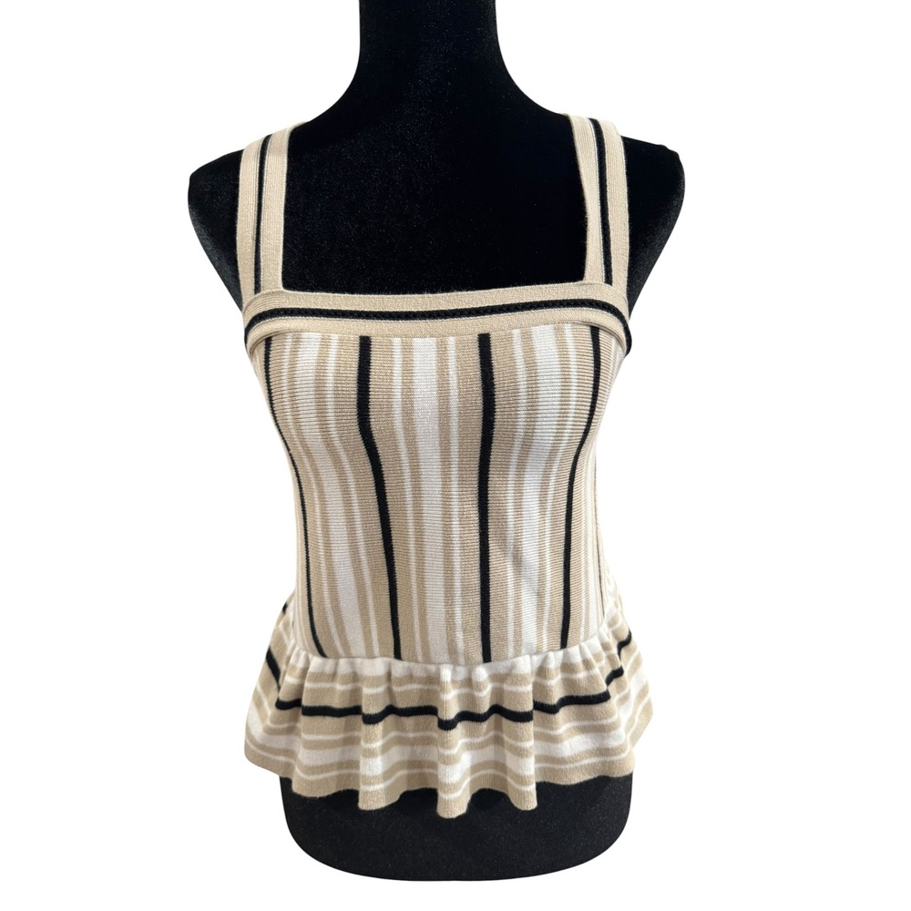 Banana Republic XS Striped Peplum Knit Tank Top Beige Black White Cotton Sweater